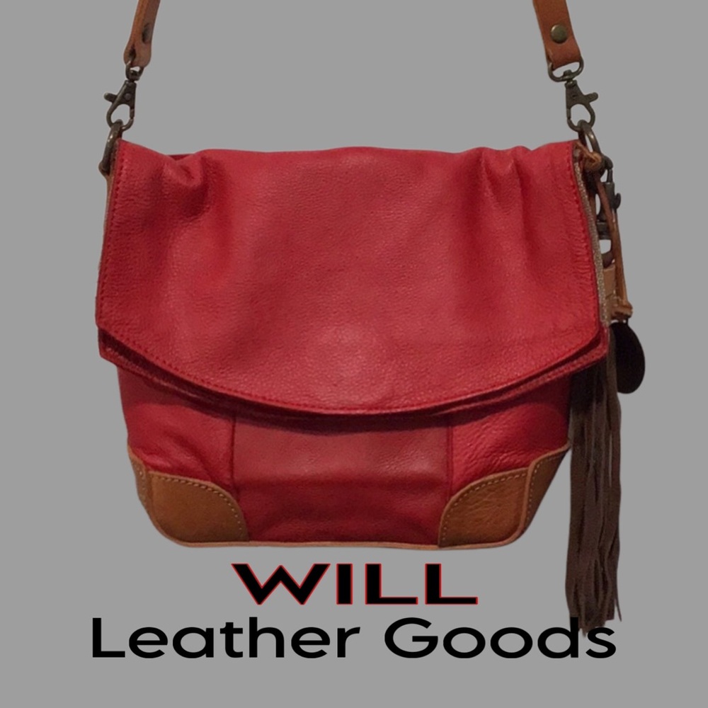 WILL LEATHER GOODS, Front Flap Crossbody, Red w/Brown Leather Accents, Tassel